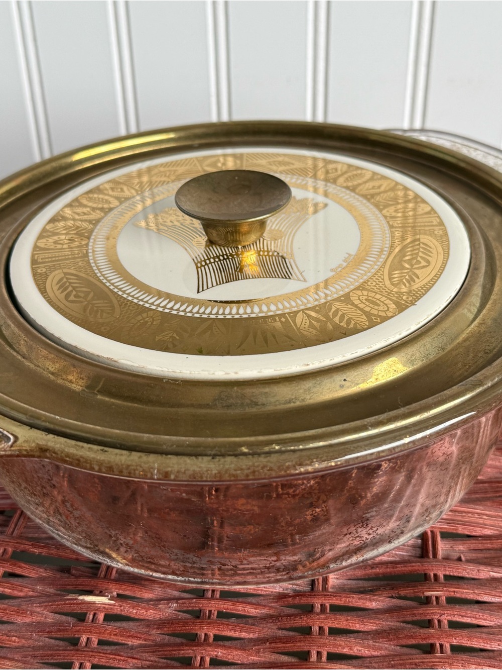 Fire King Copper Serving Bowl with Gold-Trimmed White Decorative Lid